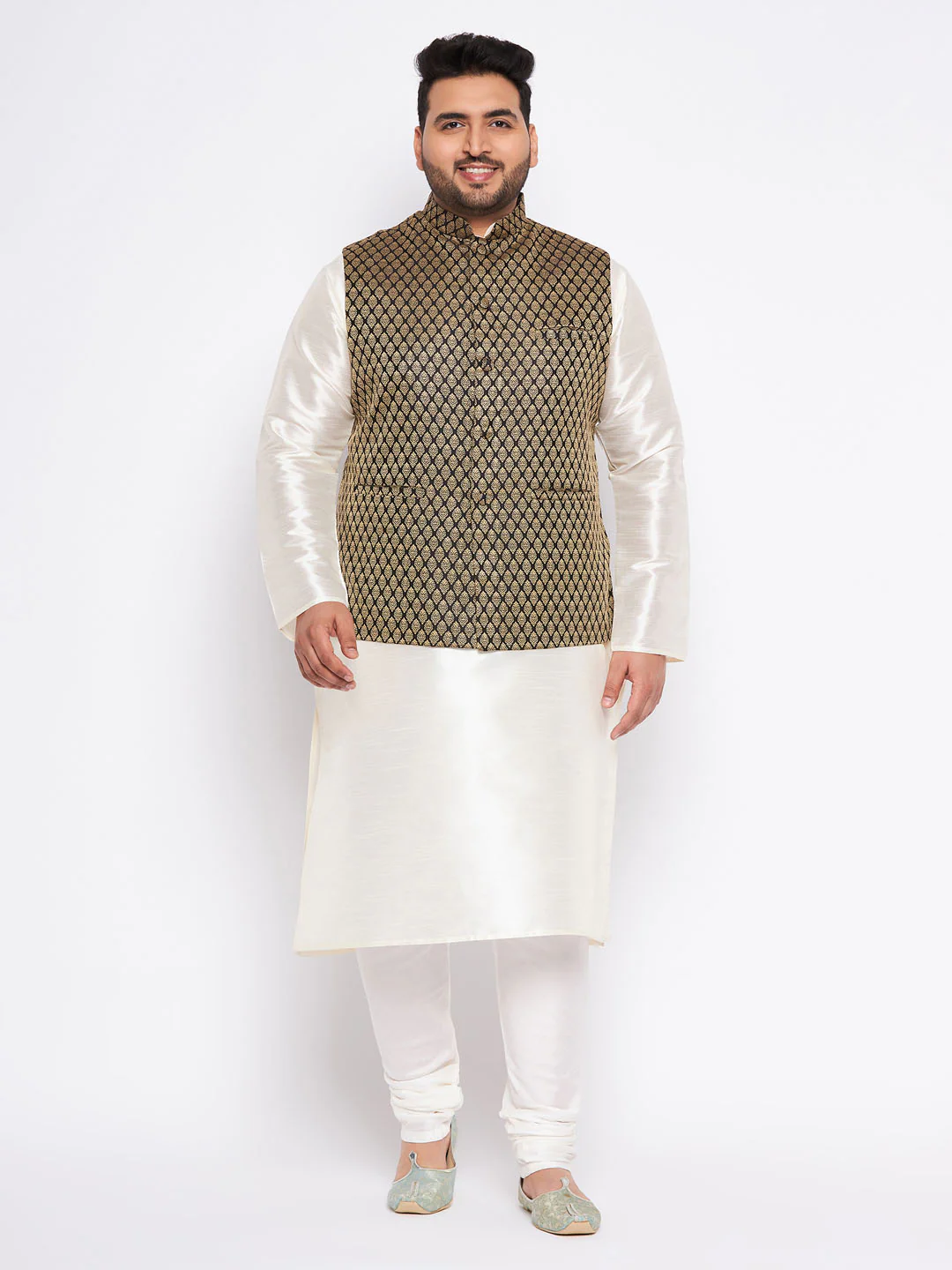 Men's Plus Size Black Ethnic Jacket With Cream Silk Blend Kurta And Pyjama Set - Image 7