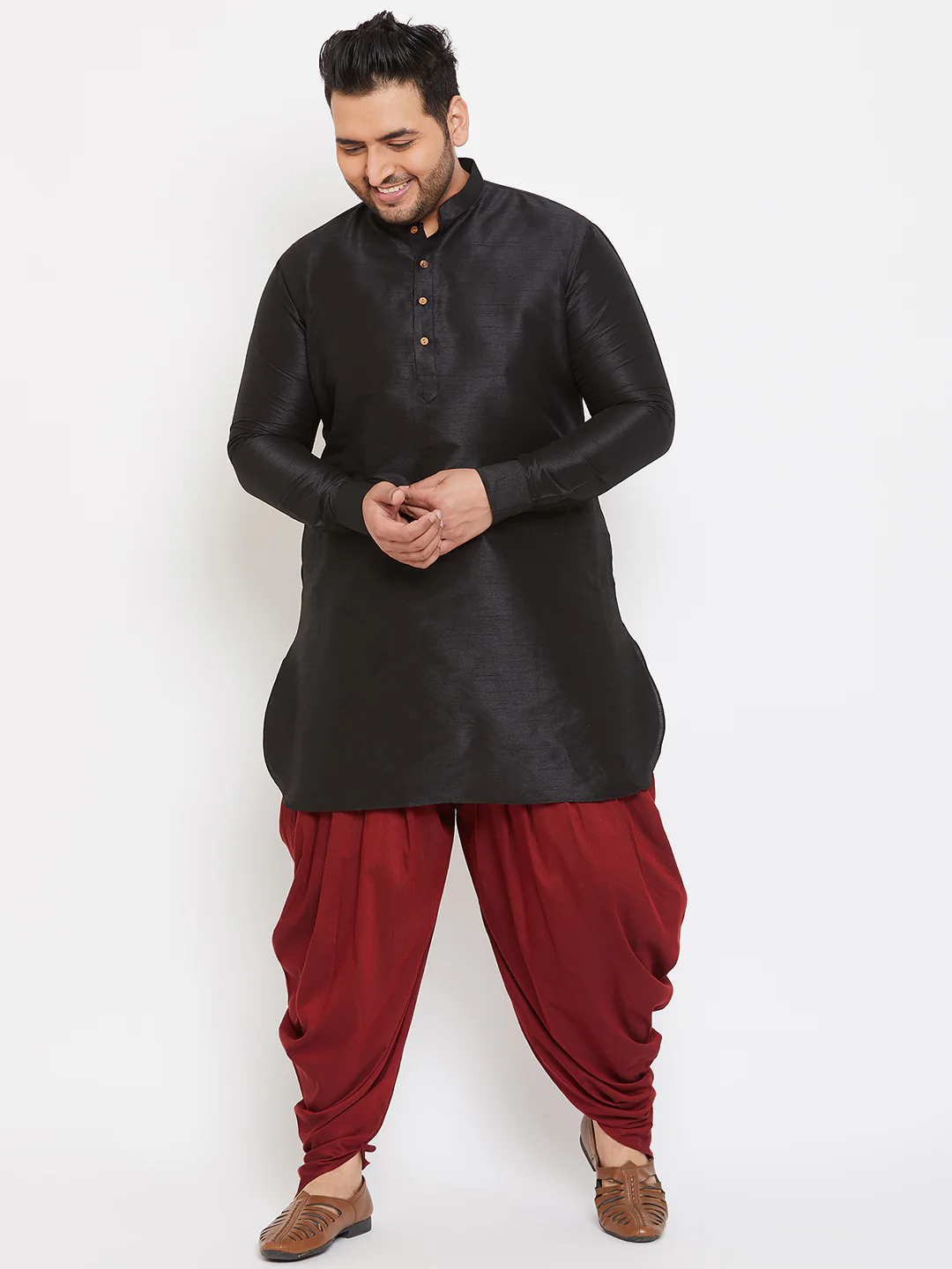 Men's Plus Size Black Silk Blend Curved Kurta - Image 5
