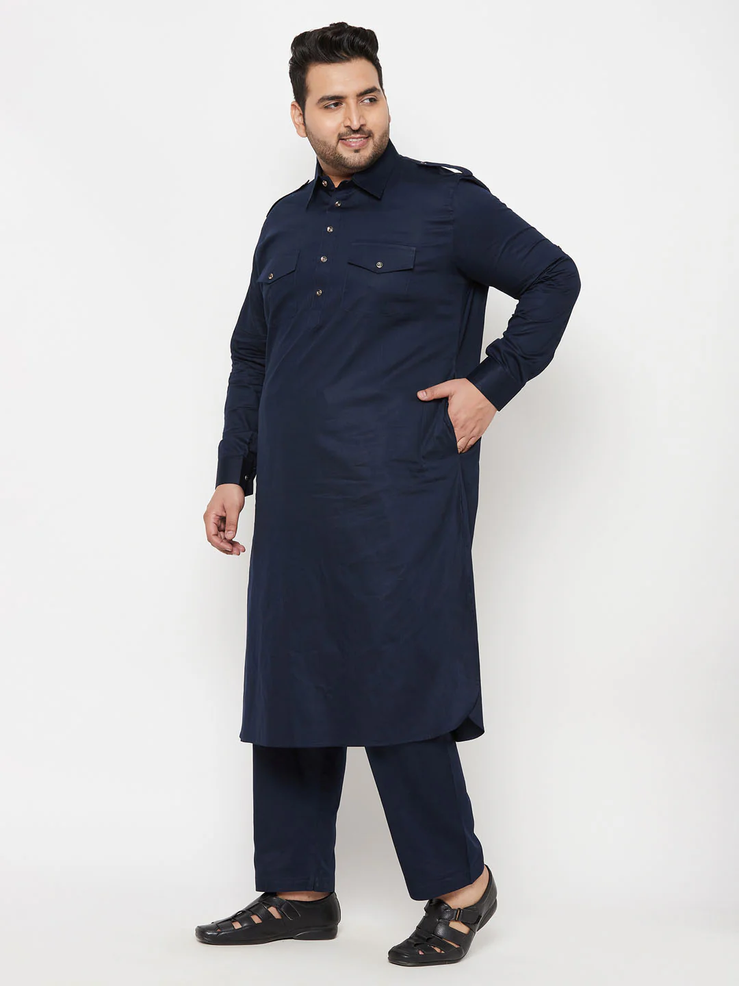 Men's Plus Size Blue Cotton Blend Pathani Kurta - Image 2