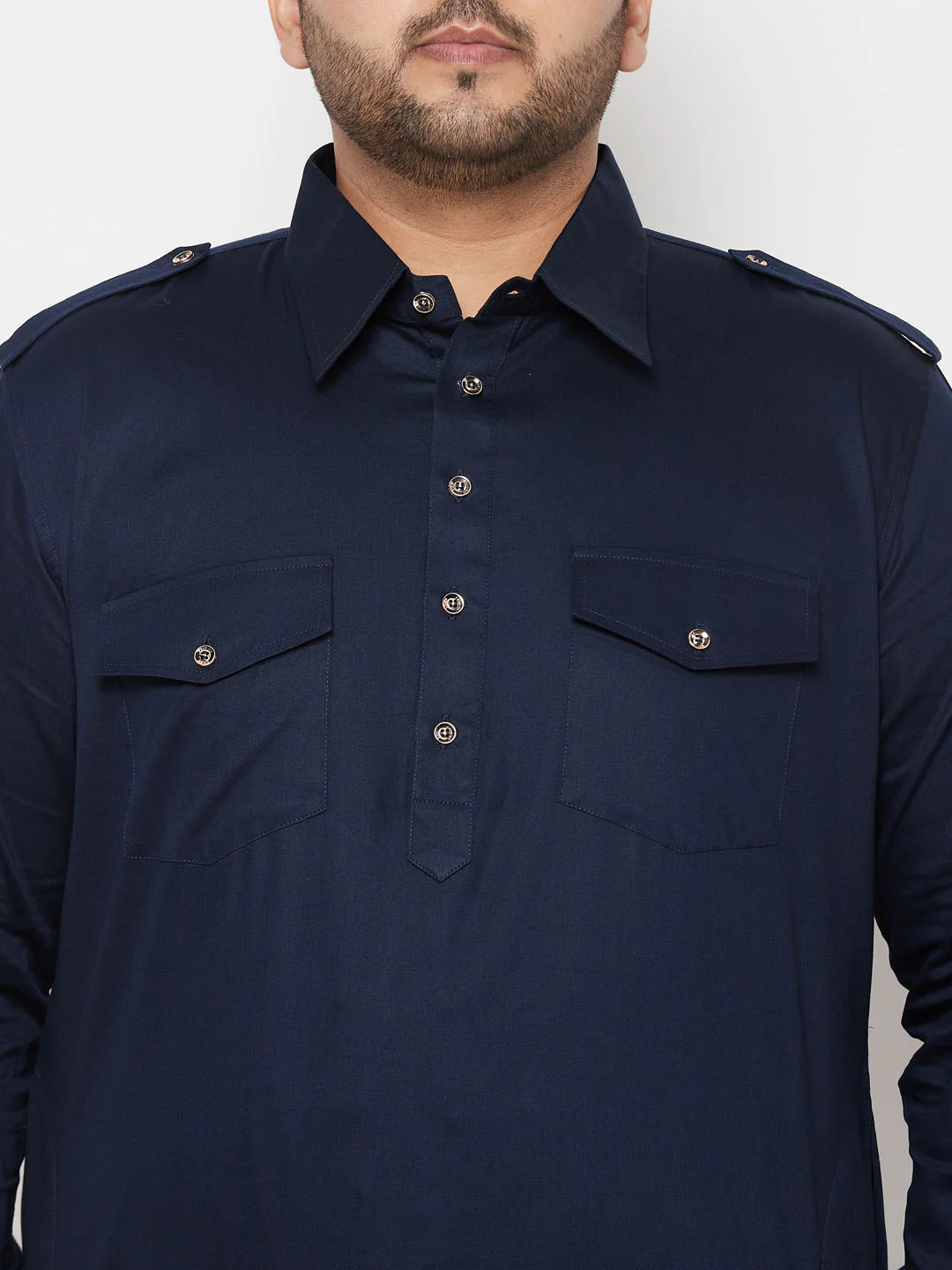 Men's Plus Size Blue Cotton Blend Pathani Kurta - Image 4
