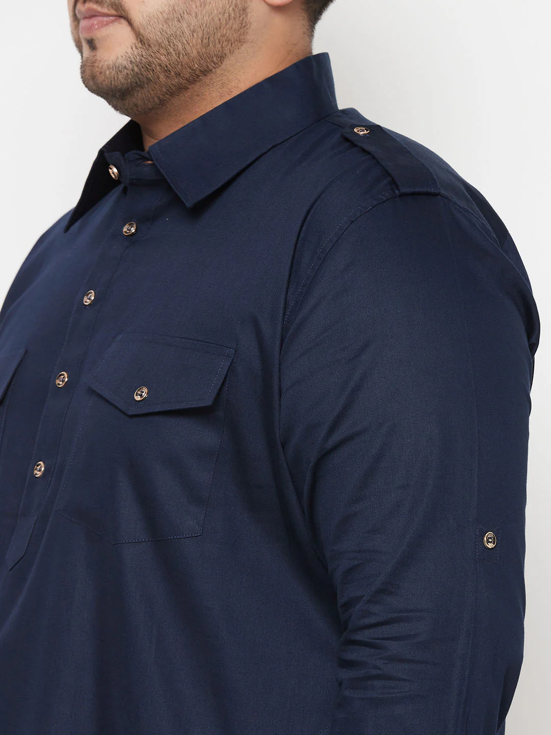 Men's Plus Size Blue Cotton Blend Pathani Kurta - Image 5