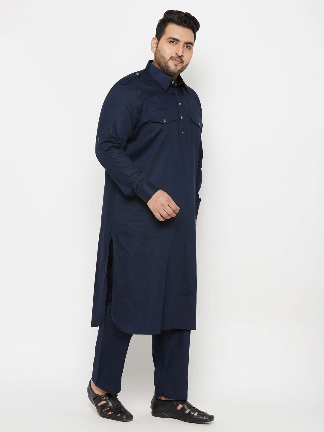 Men's Plus Size Blue Cotton Blend Pathani Kurta - Image 7