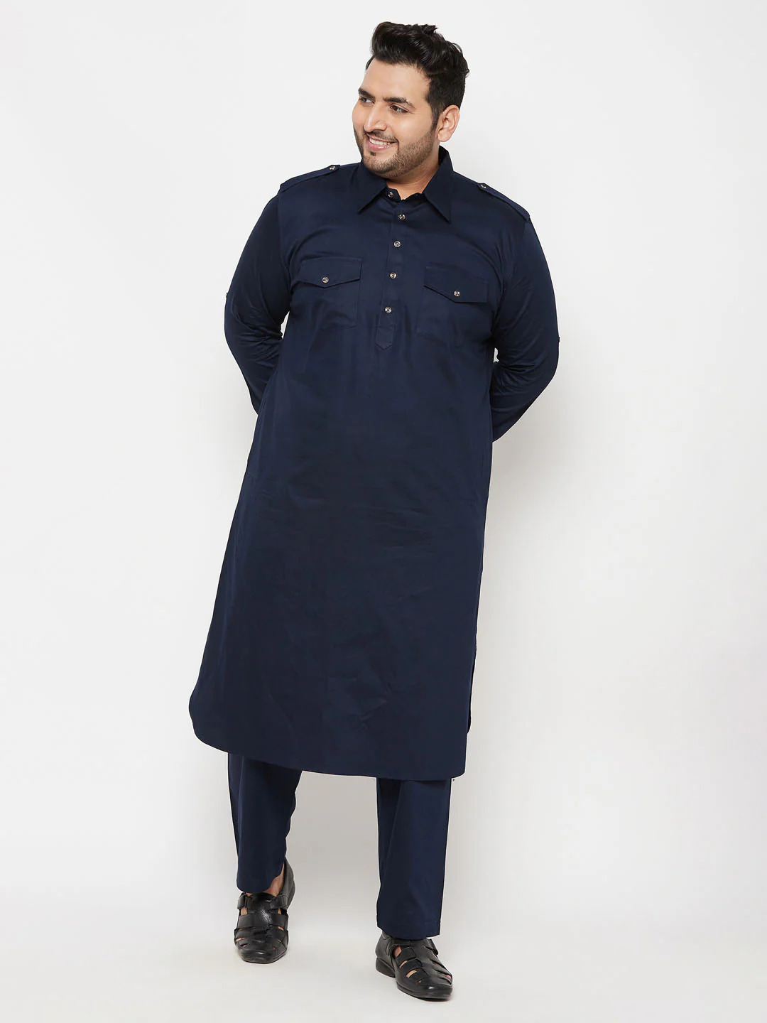 Men's Plus Size Blue Cotton Blend Pathani Kurta - Image 8
