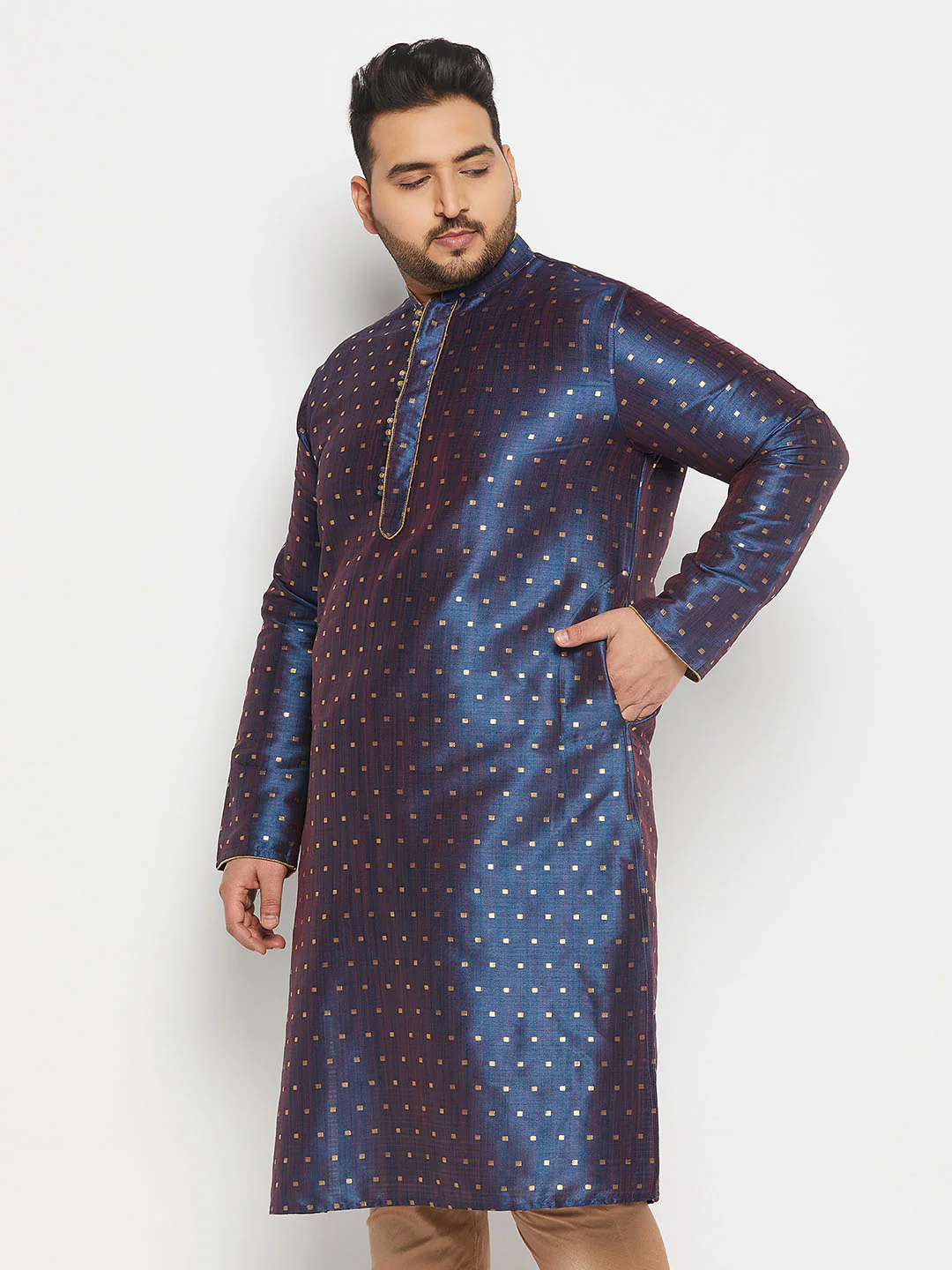 Men's Plus Size Navy Blue Zari Weaved Kurta - Image 2