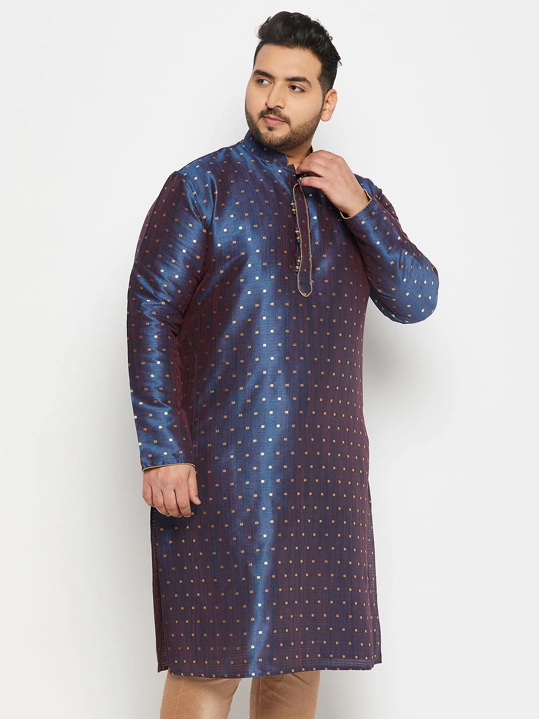 Men's Plus Size Navy Blue Zari Weaved Kurta - Image 5