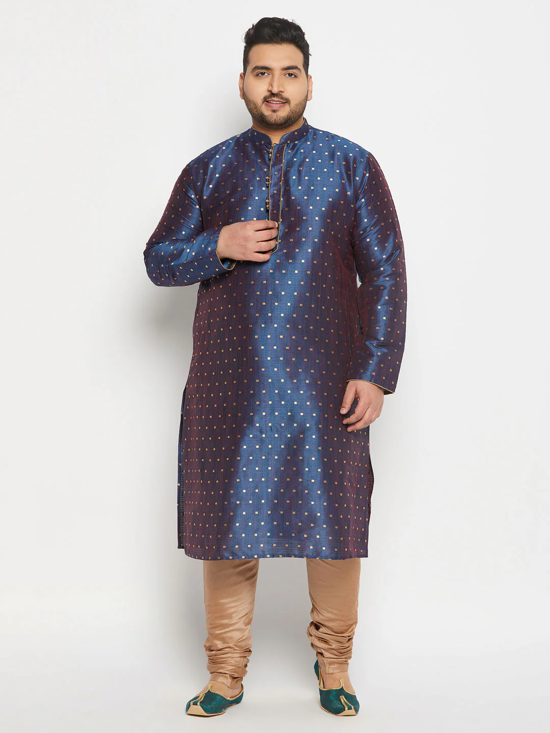 Men's Plus Size Navy Blue Zari Weaved Kurta - Image 6