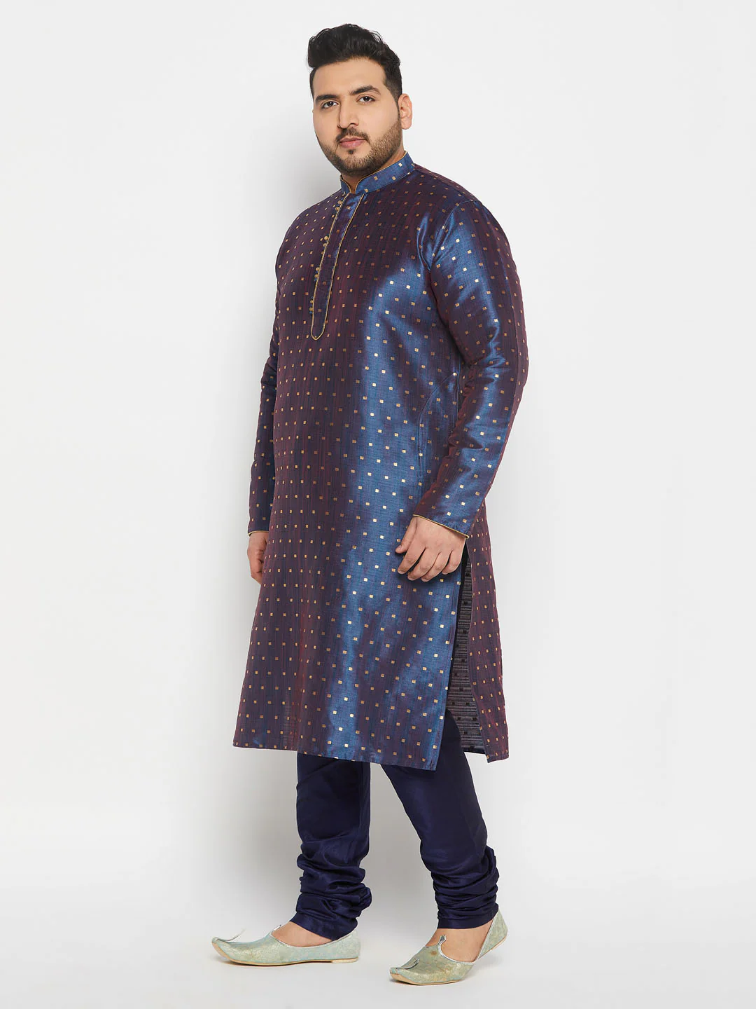 Men's Plus Size Navy Blue Zari Weaved Kurta Pyjama Set - Image 6