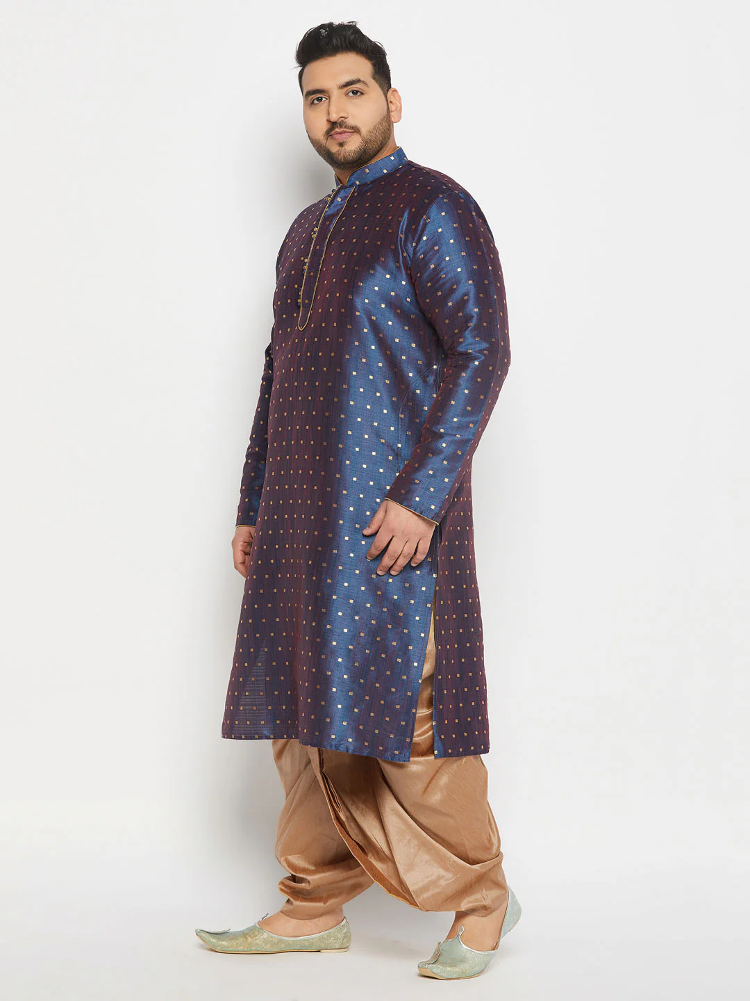 Men's Plus Size Navy Blue Zari Weaved Kurta Dhoti Set - Image 6