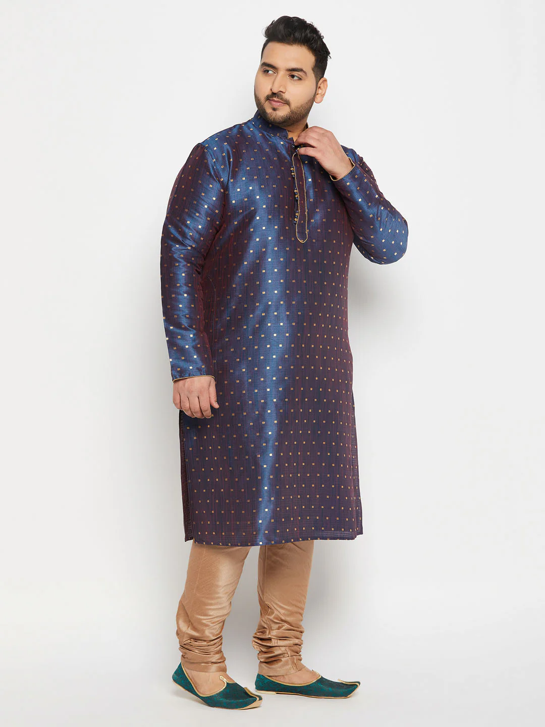 Men's Plus Size Navy Blue Zari Weaved Kurta Pyjama Set - Image 2