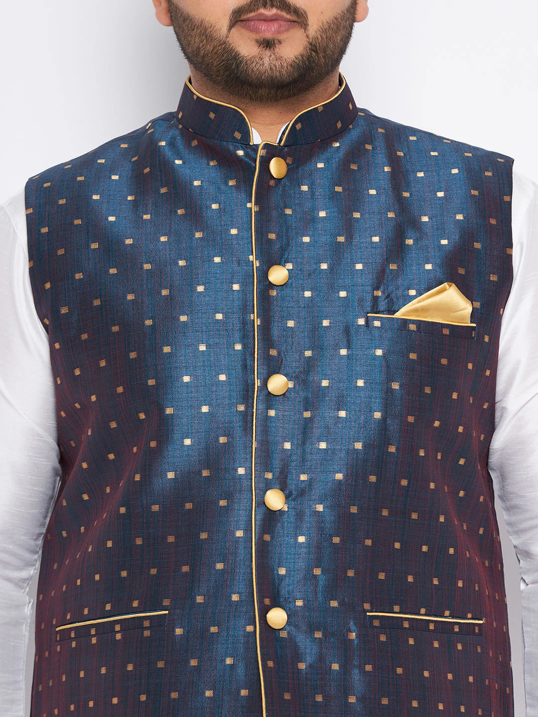 Men's Plus Size Blue Zari Weaved Nehru Jacket With Kurta Pyjama Set - Image 5