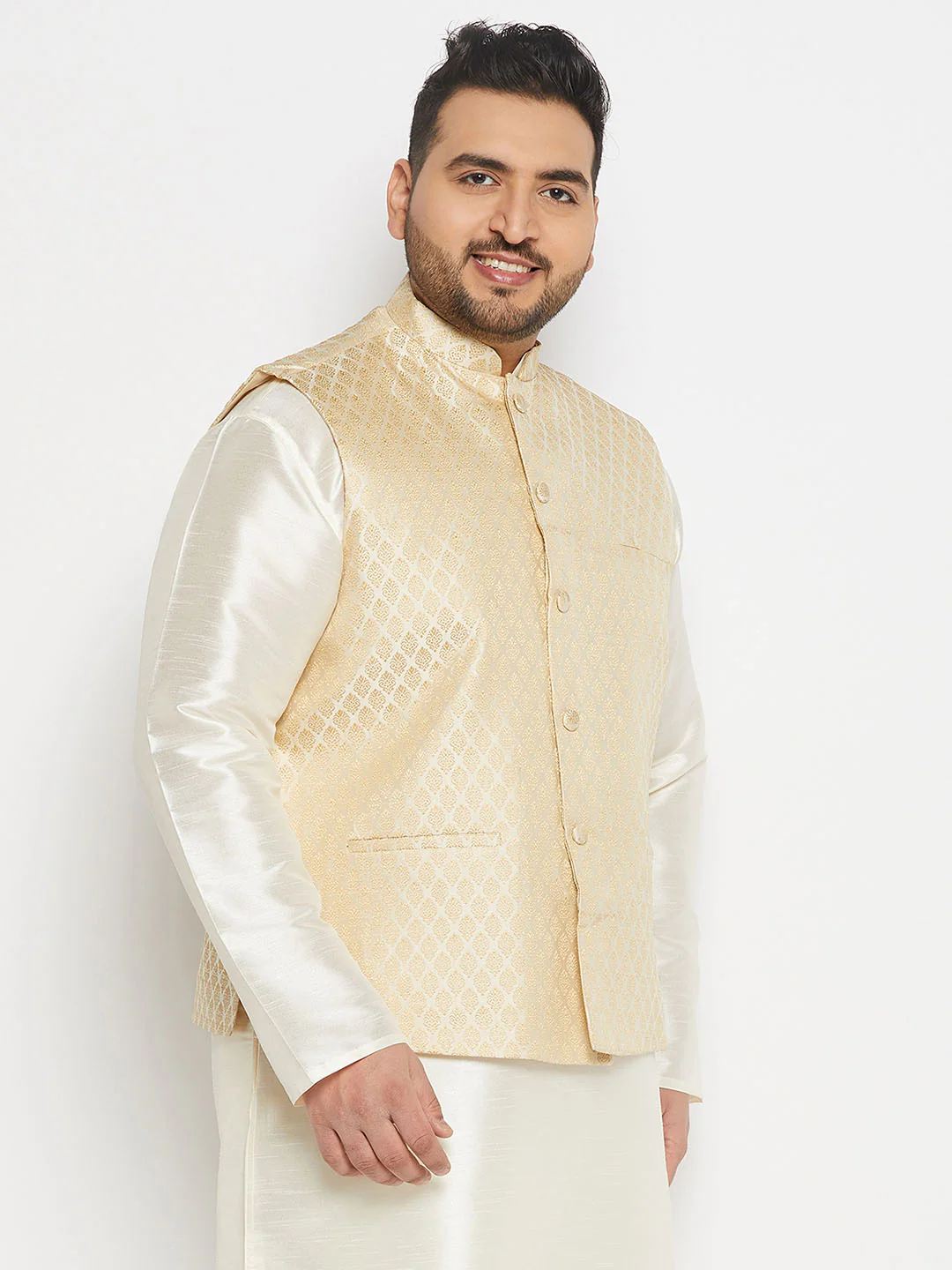 Men's Plus Size Cream And Gold Jacquard Nehru Jacket - Image 2