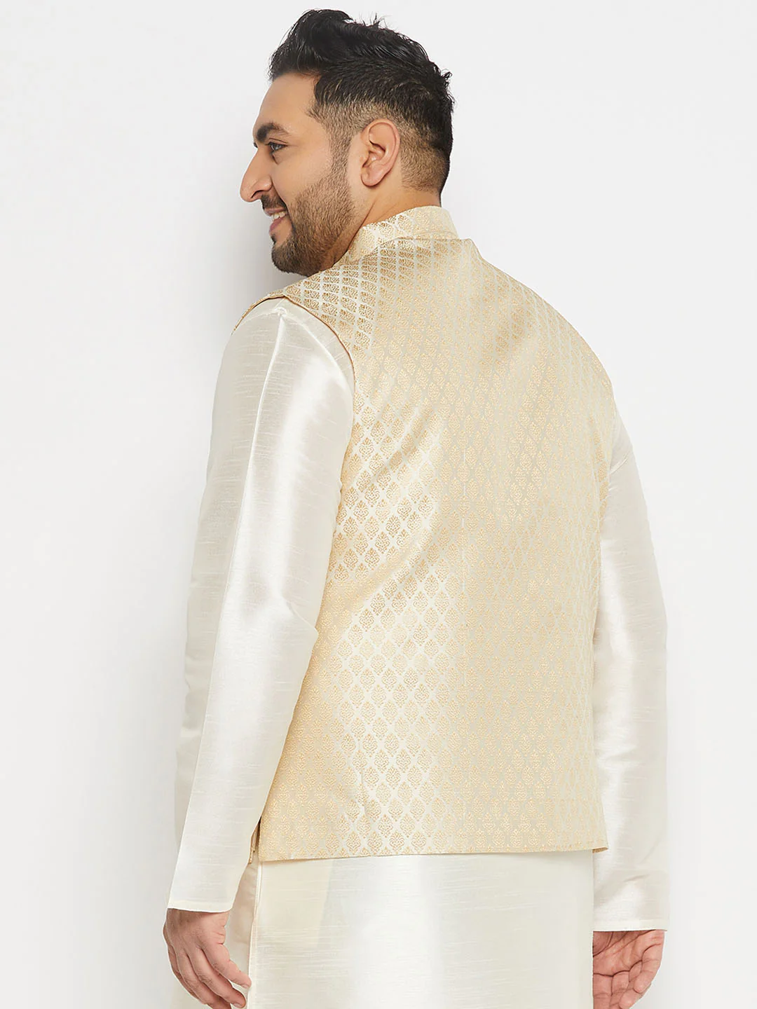Men's Plus Size Cream And Gold Jacquard Nehru Jacket - Image 3