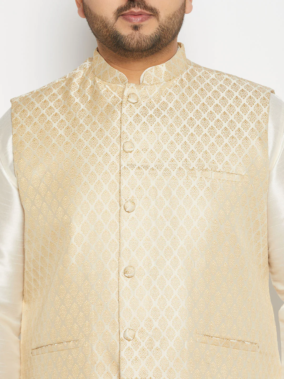 Men's Plus Size Cream And Gold Jacquard Nehru Jacket - Image 4
