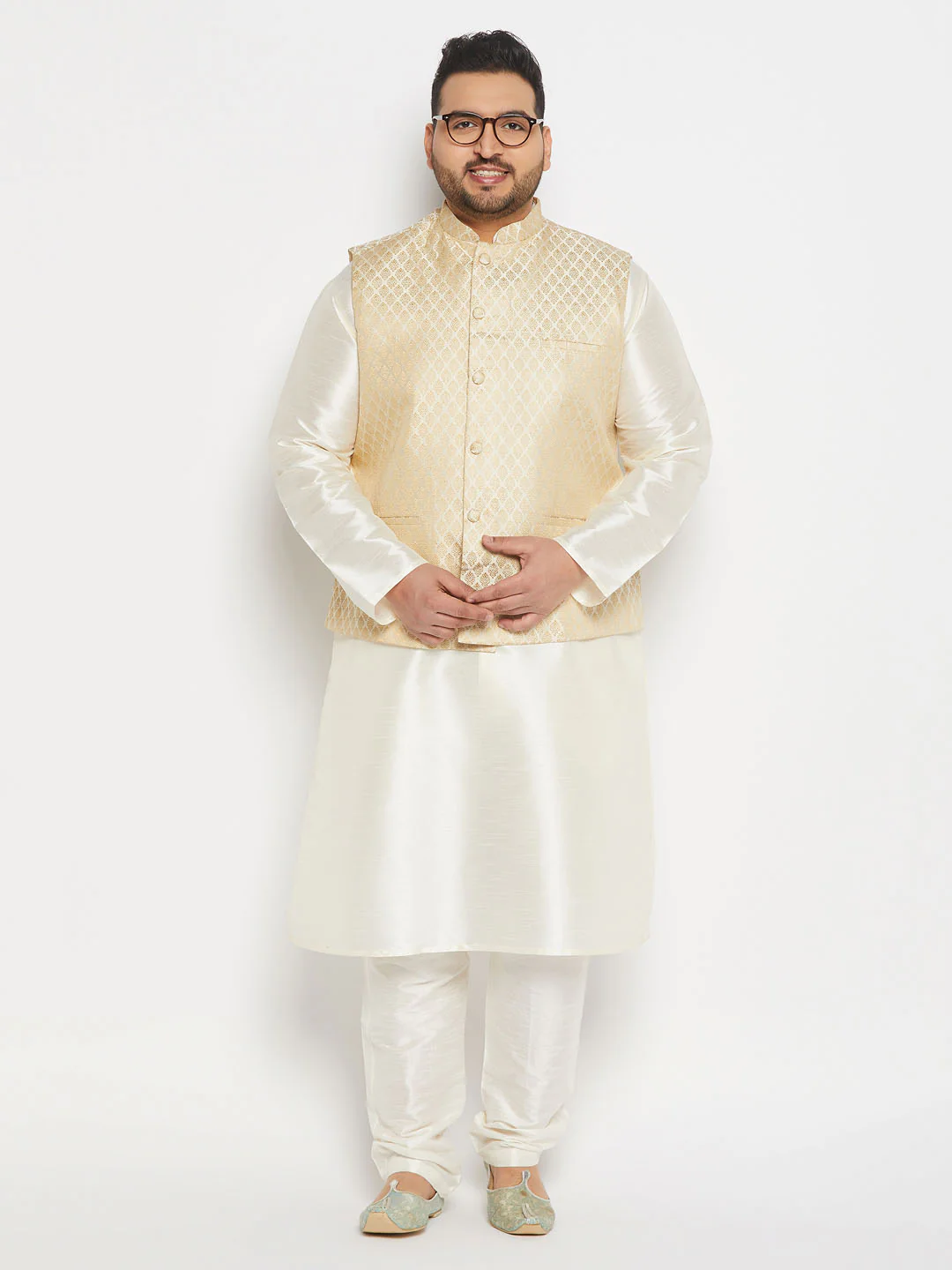 Men's Plus Size Cream And Gold Jacquard Nehru Jacket - Image 5