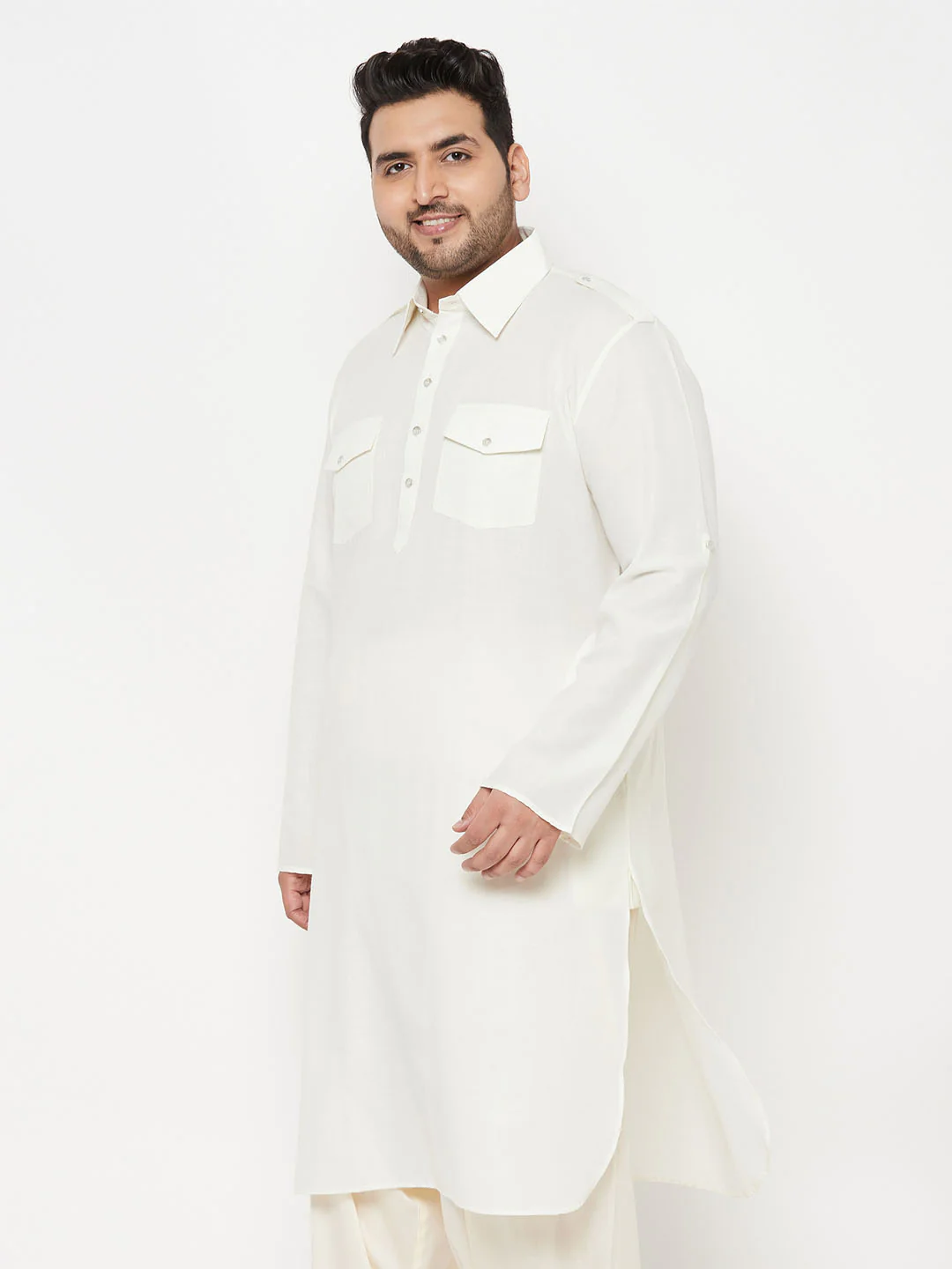 Men's Plus Size Cream Cotton Blend Pathani Kurta - Image 2