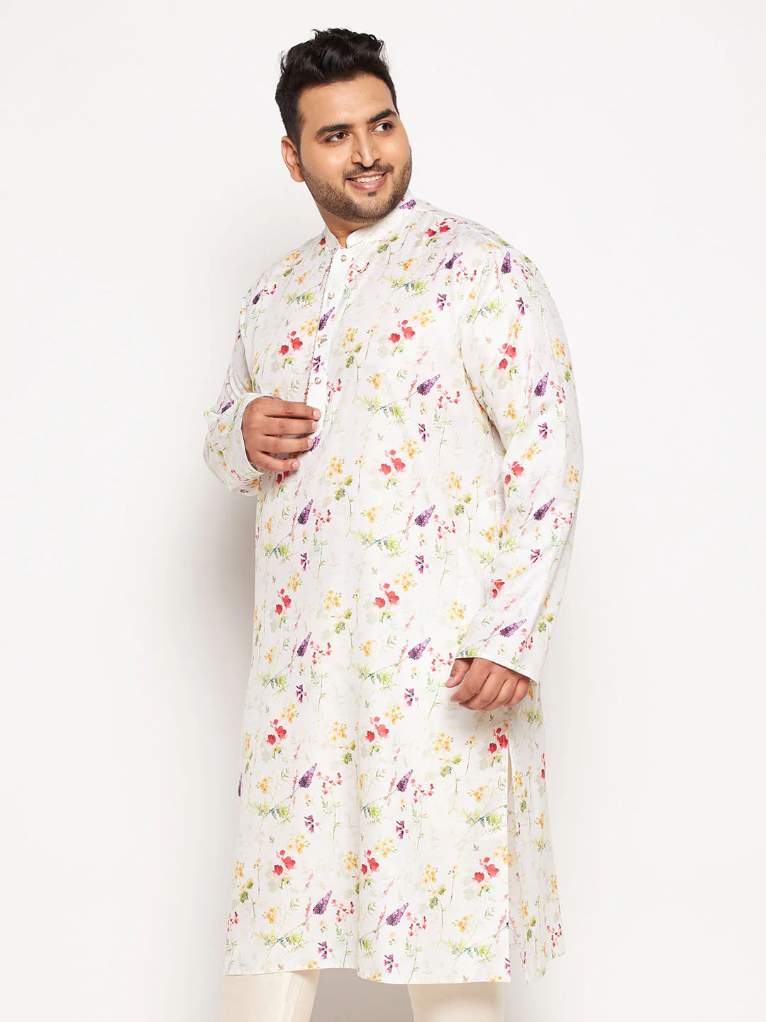 Men's Plus Size Cream Cotton Blend Printed Kurta - Image 2