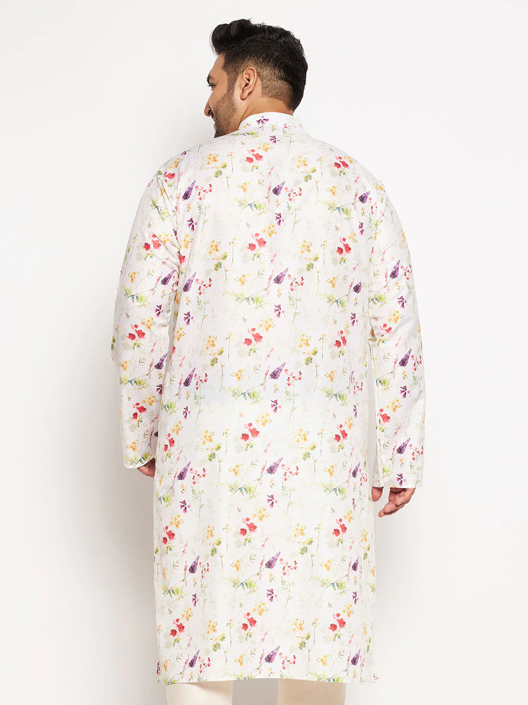 Men's Plus Size Cream Cotton Blend Printed Kurta - Image 3
