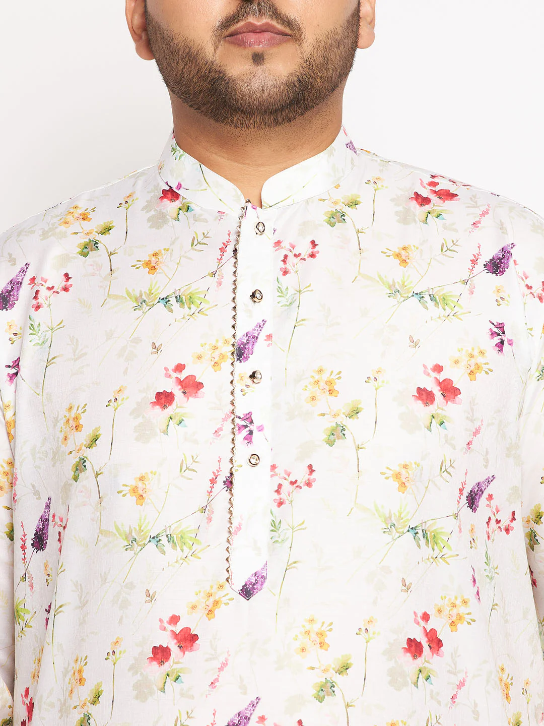 Men's Plus Size Cream Cotton Blend Printed Kurta - Image 4