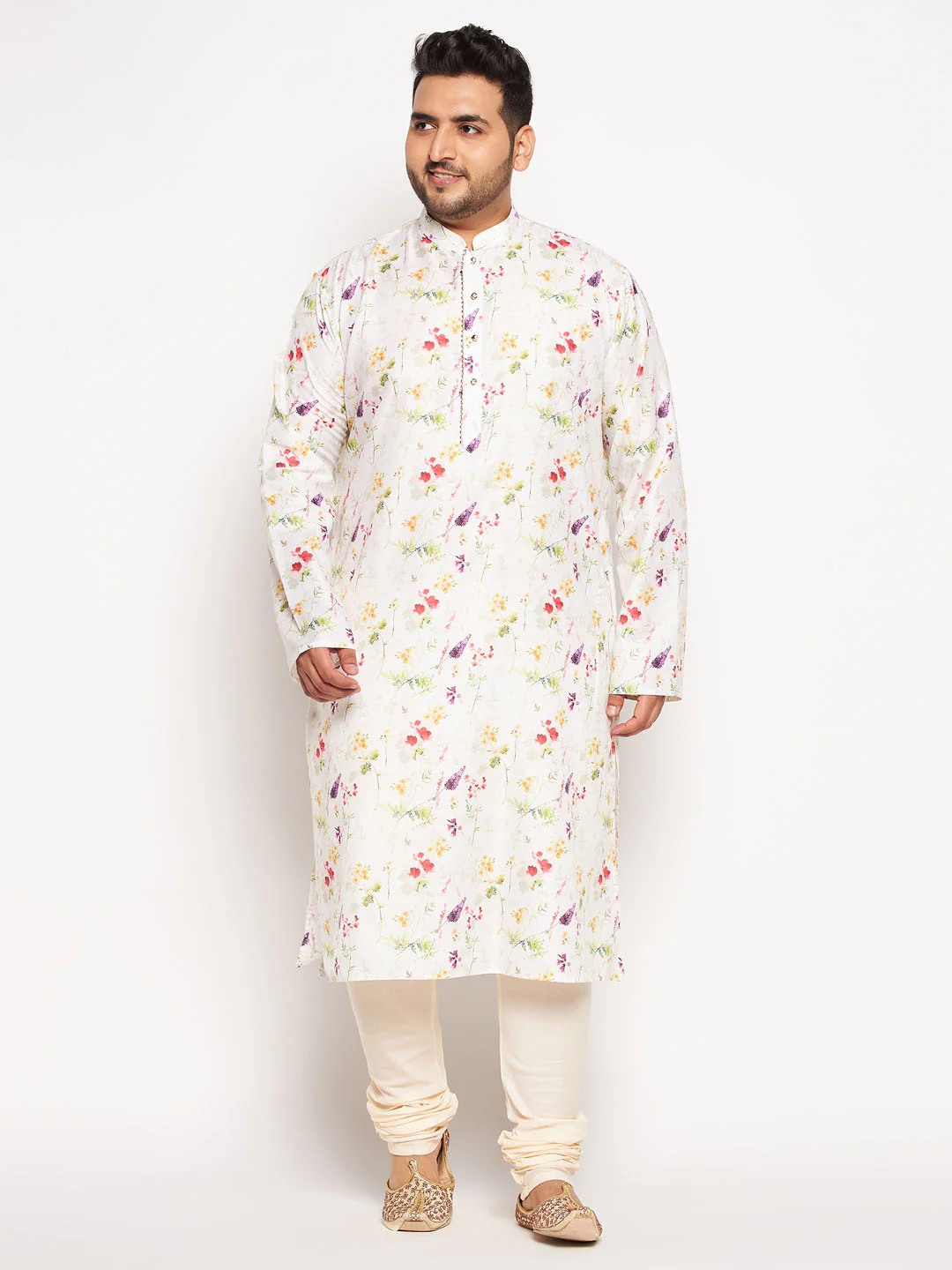 Men's Plus Size Cream Cotton Blend Printed Kurta - Image 5
