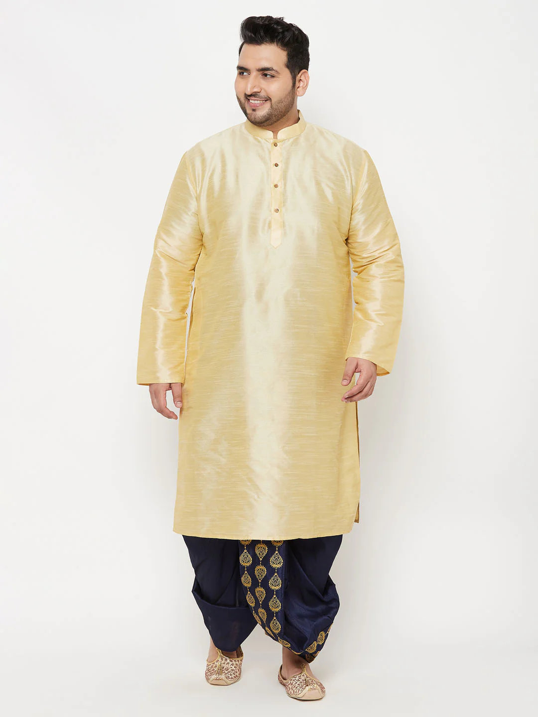 Men's Plus Size Gold Silk Blend Kurta And Navy Blue Dhoti Set - Image 7