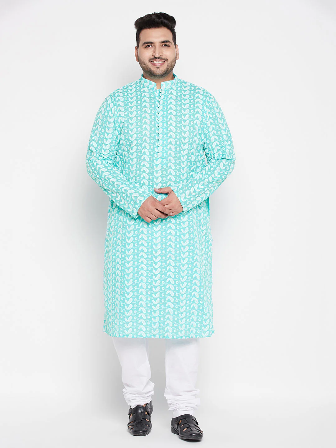 Men's Plus Size Green Chikankari Embroidered Kurta - Image 5