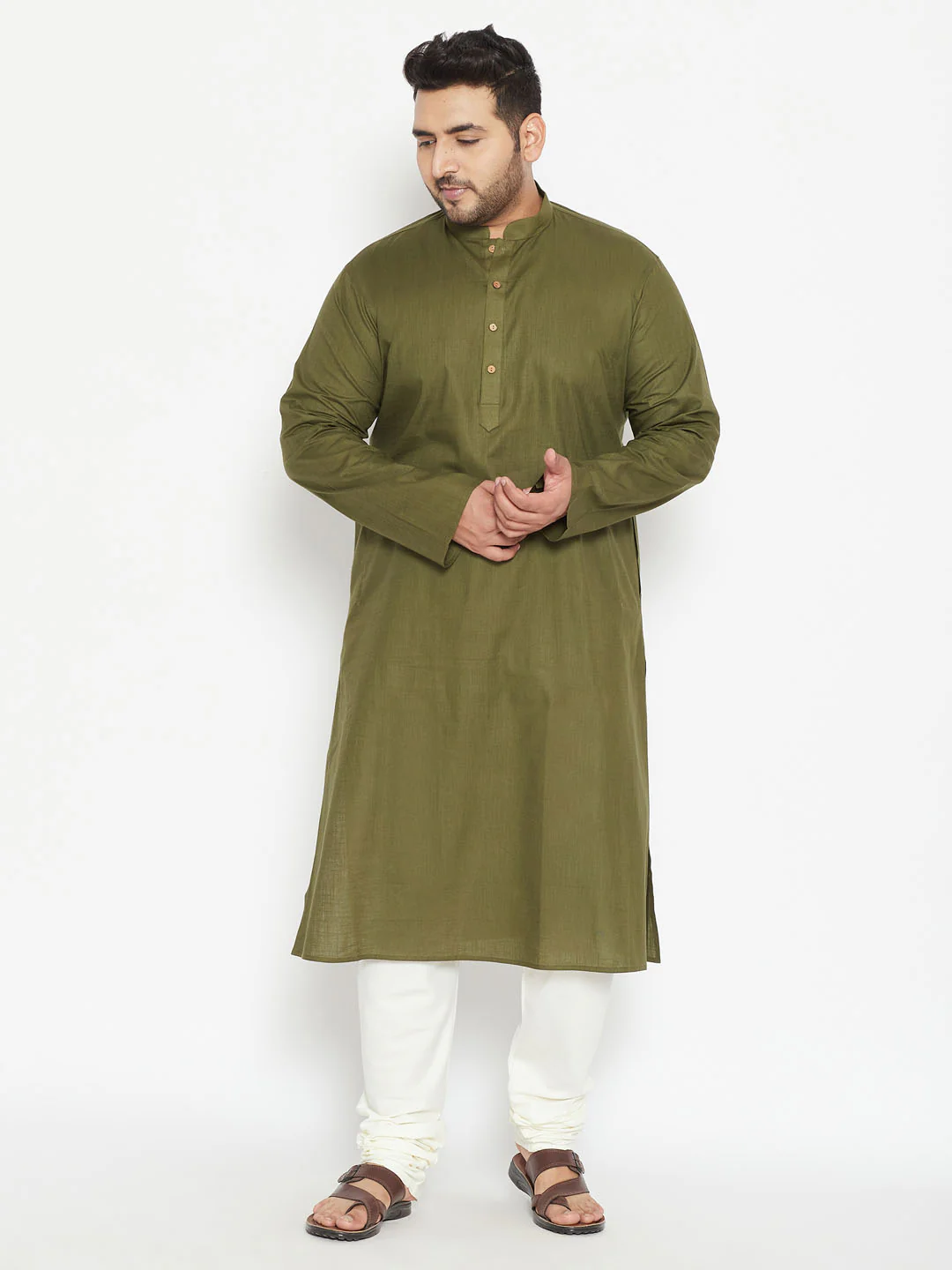 Men's Plus Size Mahendi Green Cotton Blend Kurta - Image 5