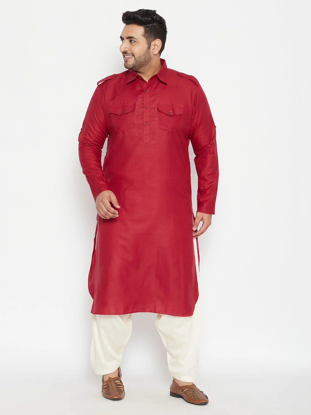 Men's Plus Size Maroon Cotton Blend Pathani Kurta - Image 5