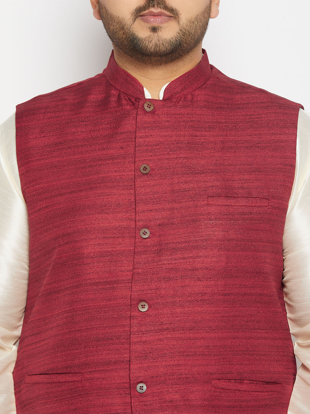 Men's Plus Size Maroon Matka Silk Nehru Jacket With Cream Silk Blend Kurta And Pant Style Pyjama Set - Image 4