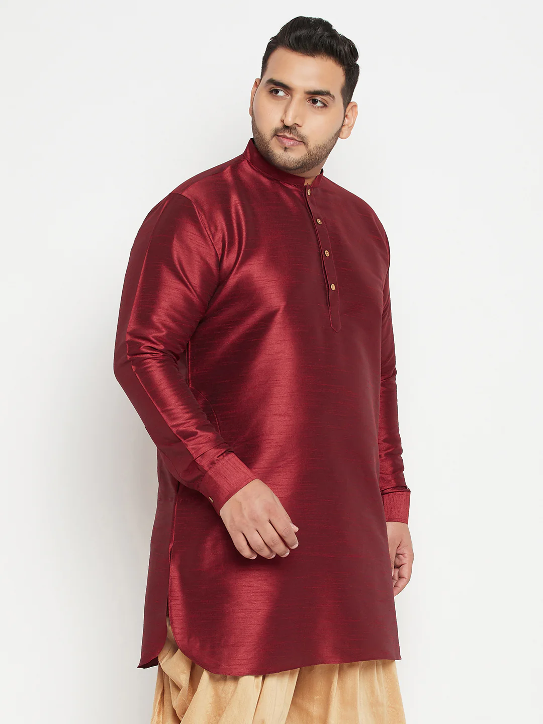 Men's Plus Size Maroon Silk Blend Curved Kurta - Image 2