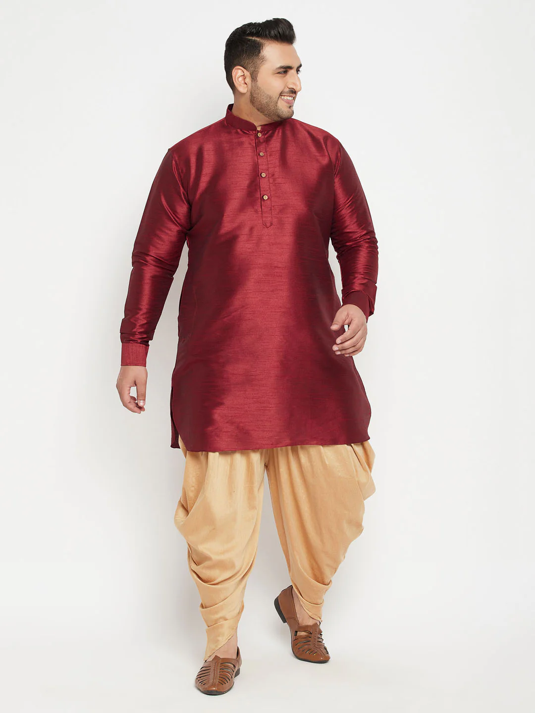 Men's Plus Size Maroon Silk Blend Curved Kurta - Image 5