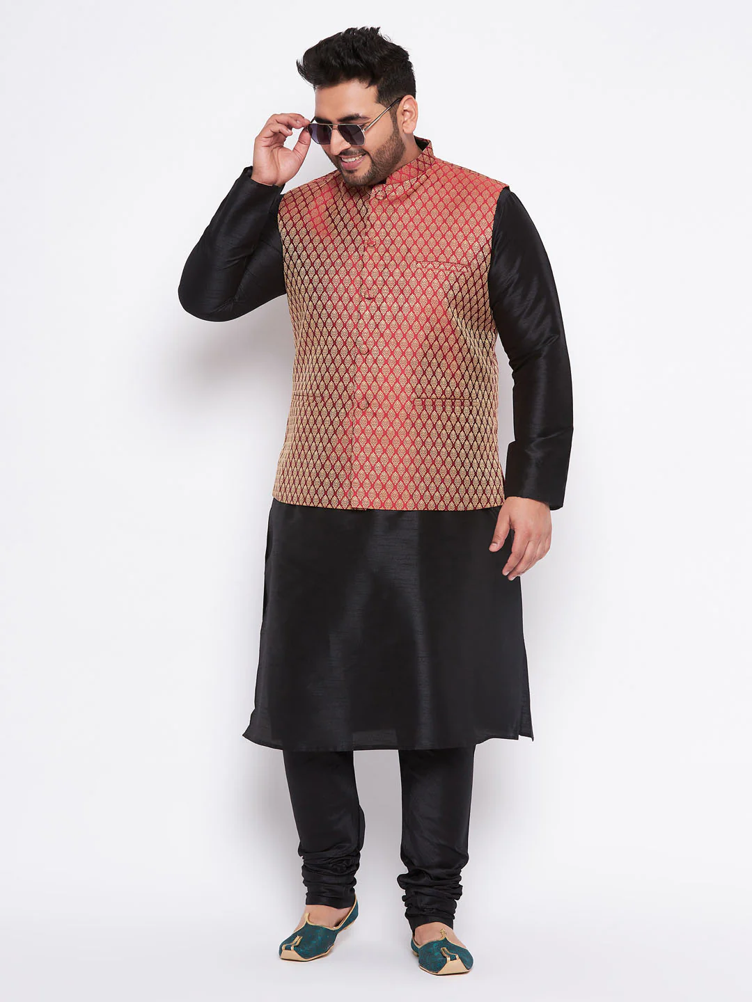 Men's Plus Size Maroon Woven Nehru Jacket With Black Kurta And Pyjama Set - Image 6