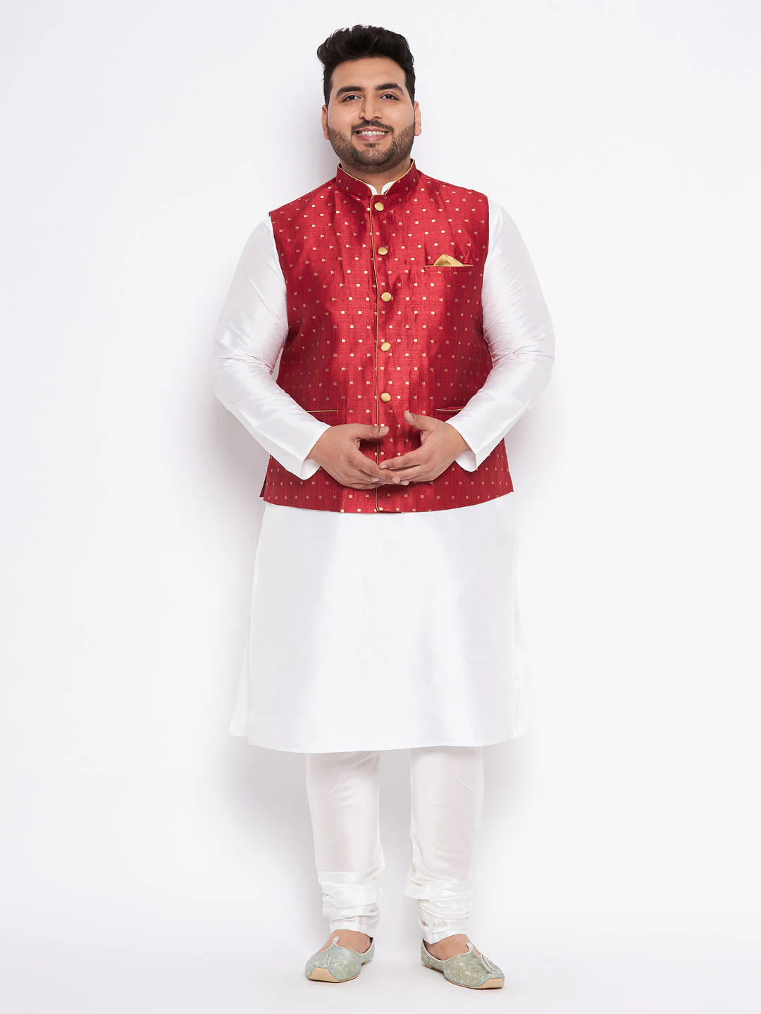 Men's Plus Size Maroon Zari Weaved Nehru Jacket With Kurta Pyjama Set - Image 7