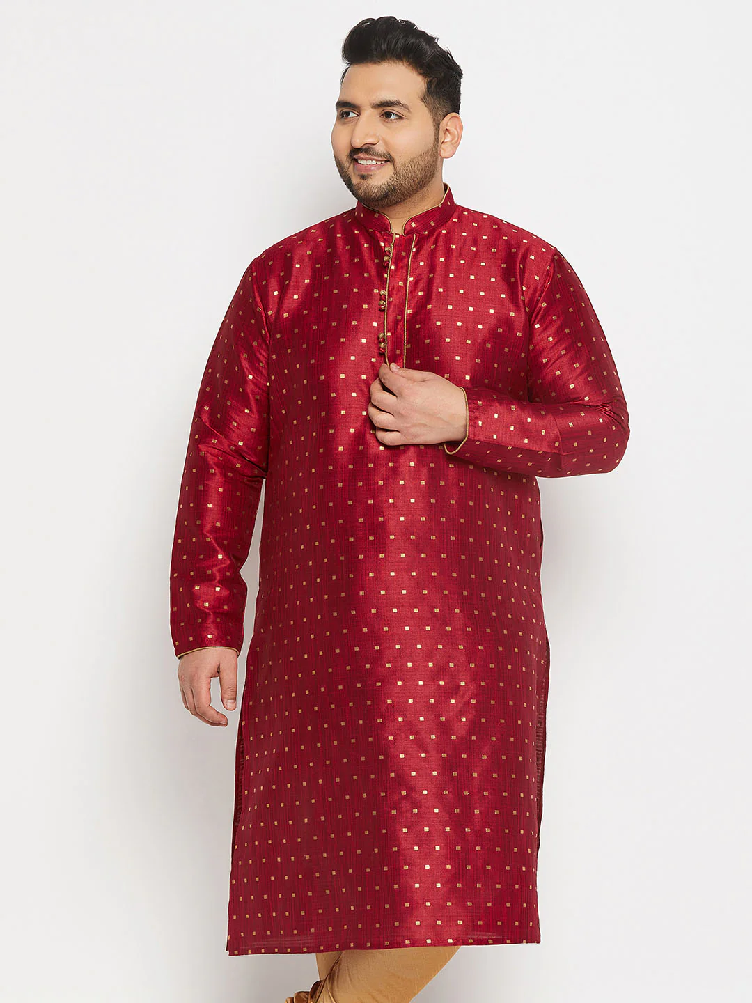 Men's Plus Size Maroon Zari Weaved Kurta - Image 5