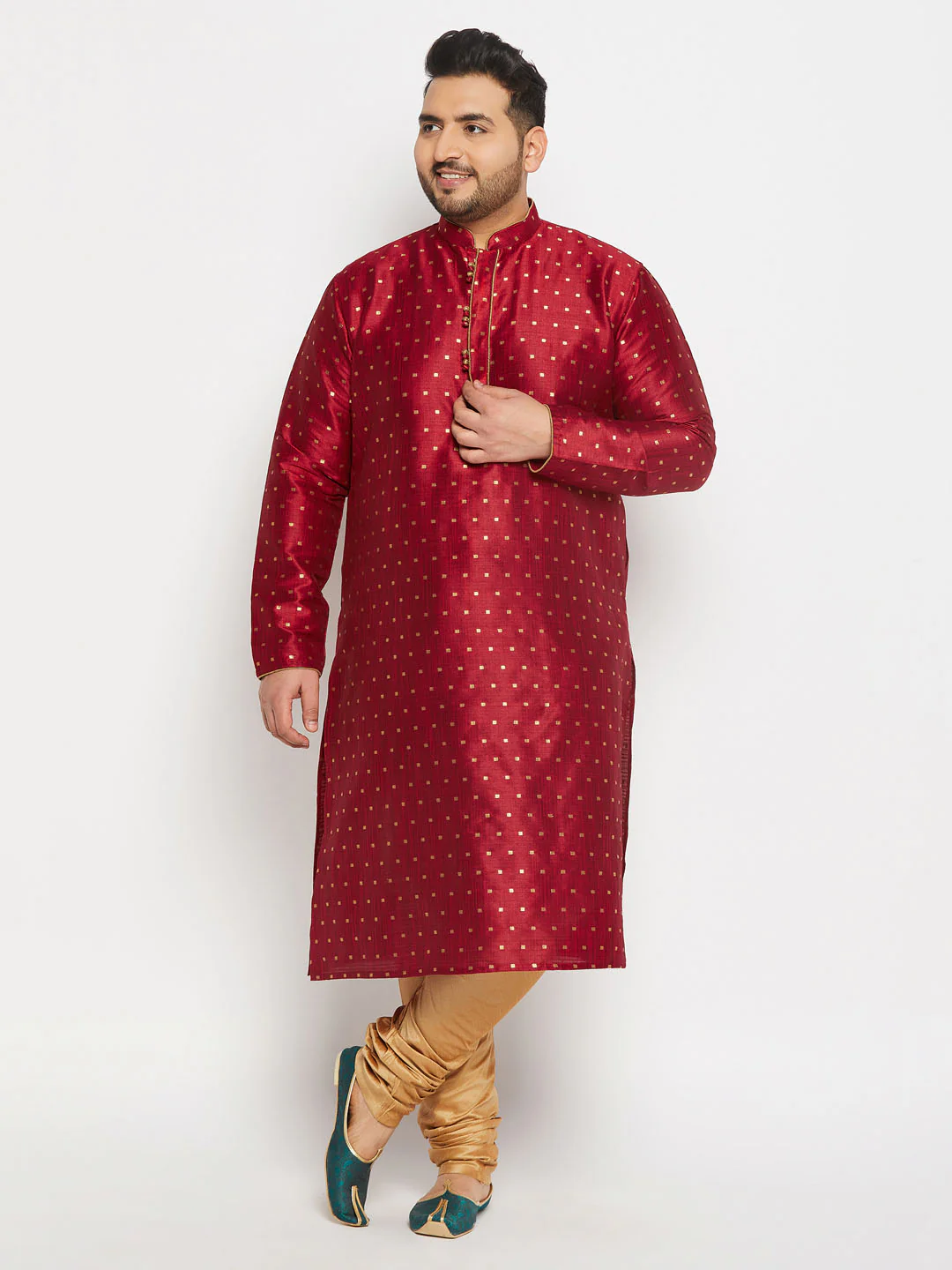 Men's Plus Size Maroon Zari Weaved Kurta - Image 6