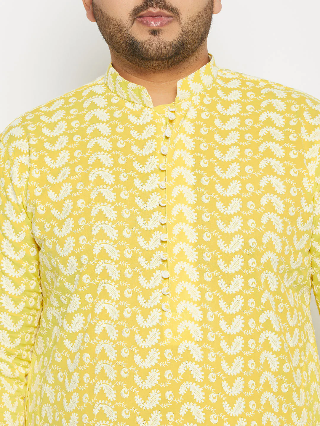 Men's Plus Size Mustard Chikankari Embroidered Kurta And White Cotton Pant Style Pyjama Set - Image 4