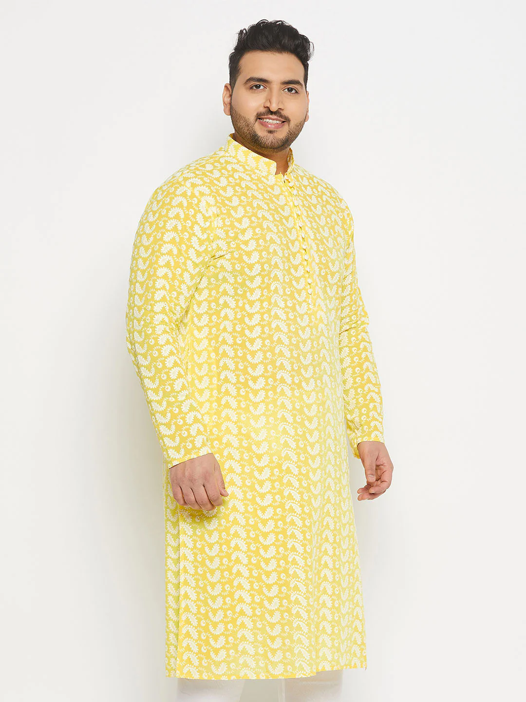 Men's Plus Size Mustard Chikankari Embroidered Kurta - Image 2