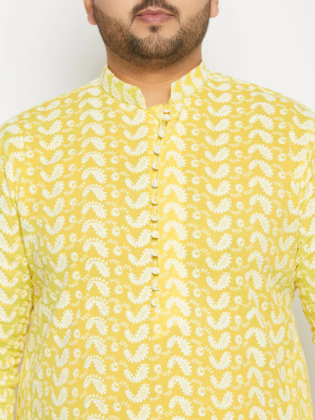 Men's Plus Size Mustard Chikankari Embroidered Kurta - Image 4