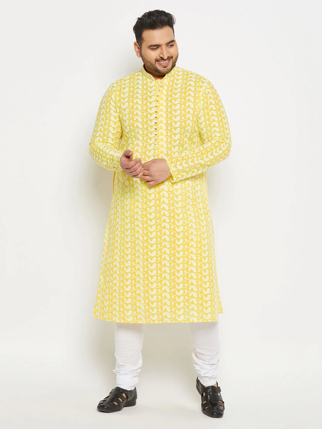 Men's Plus Size Mustard Chikankari Embroidered Kurta - Image 5
