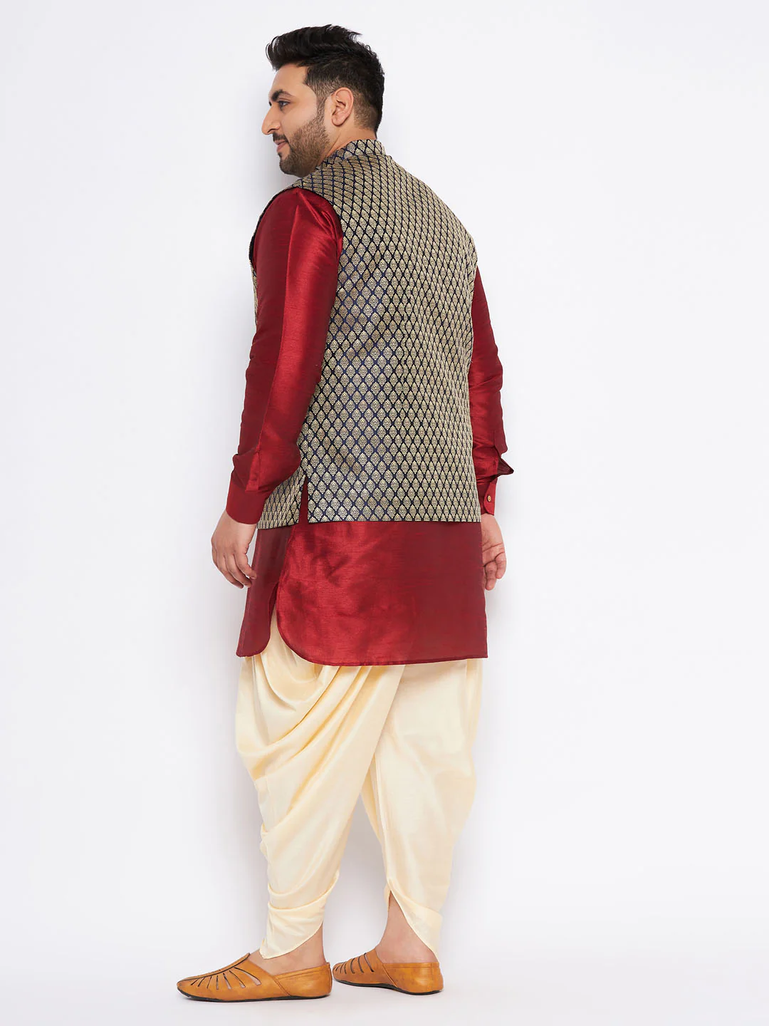 Men's Plus Size Navy Blue Woven Jacket With Maroon Kurta And Gold Dhoti Set - Image 3