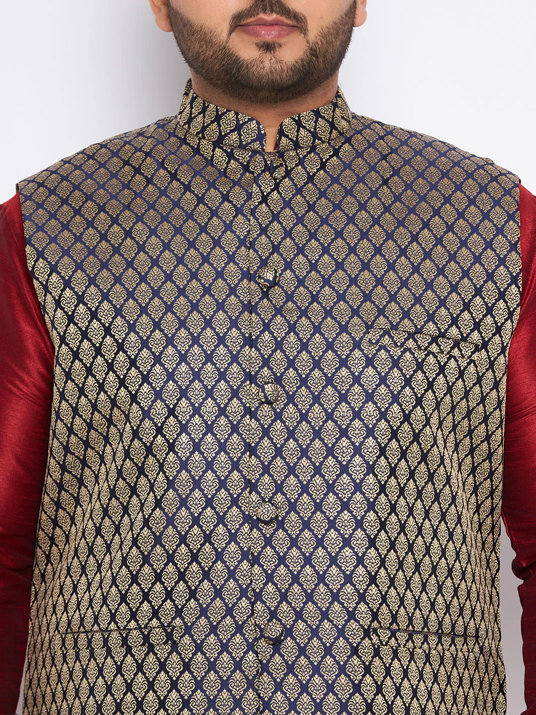 Men's Plus Size Navy Blue Woven Jacket With Maroon Kurta And Gold Dhoti Set - Image 4