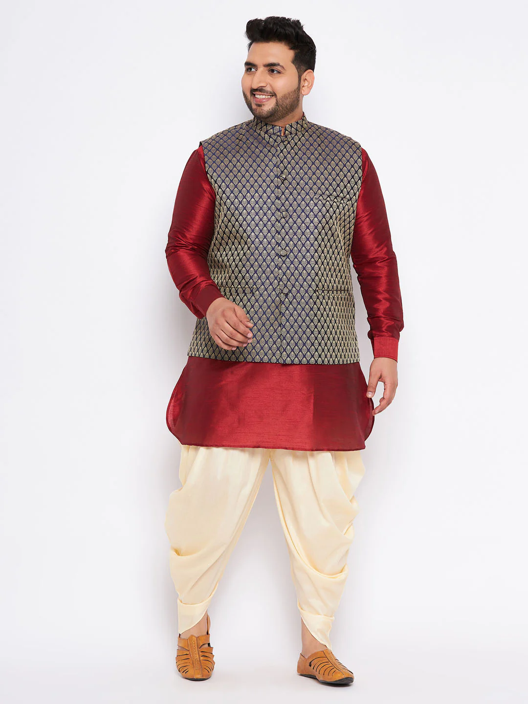Men's Plus Size Navy Blue Woven Jacket With Maroon Kurta And Gold Dhoti Set - Image 7