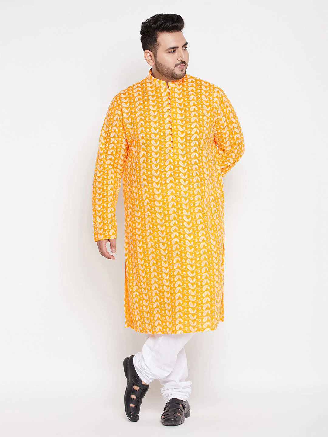 Men's Plus Size Orange Chikankari Embroidered Kurta - Image 5