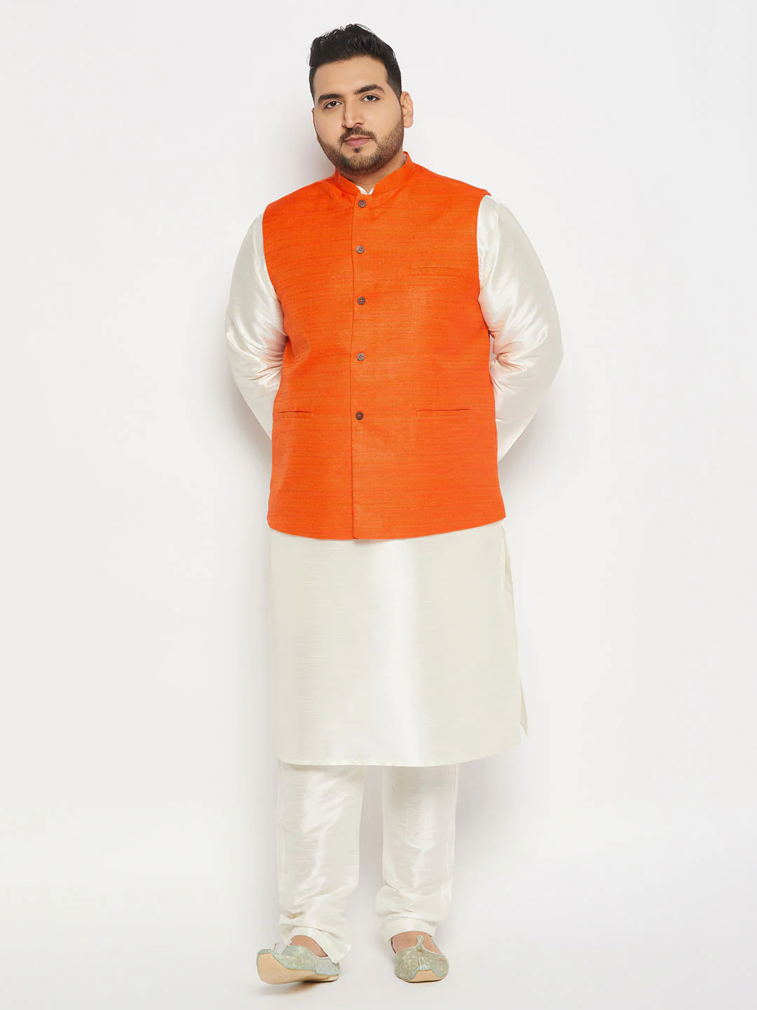 Men's Plus Size Orange Matka Silk Nehru Jacket With Cream Silk Blend Kurta And Pant Style Pyjama Set - Image 7
