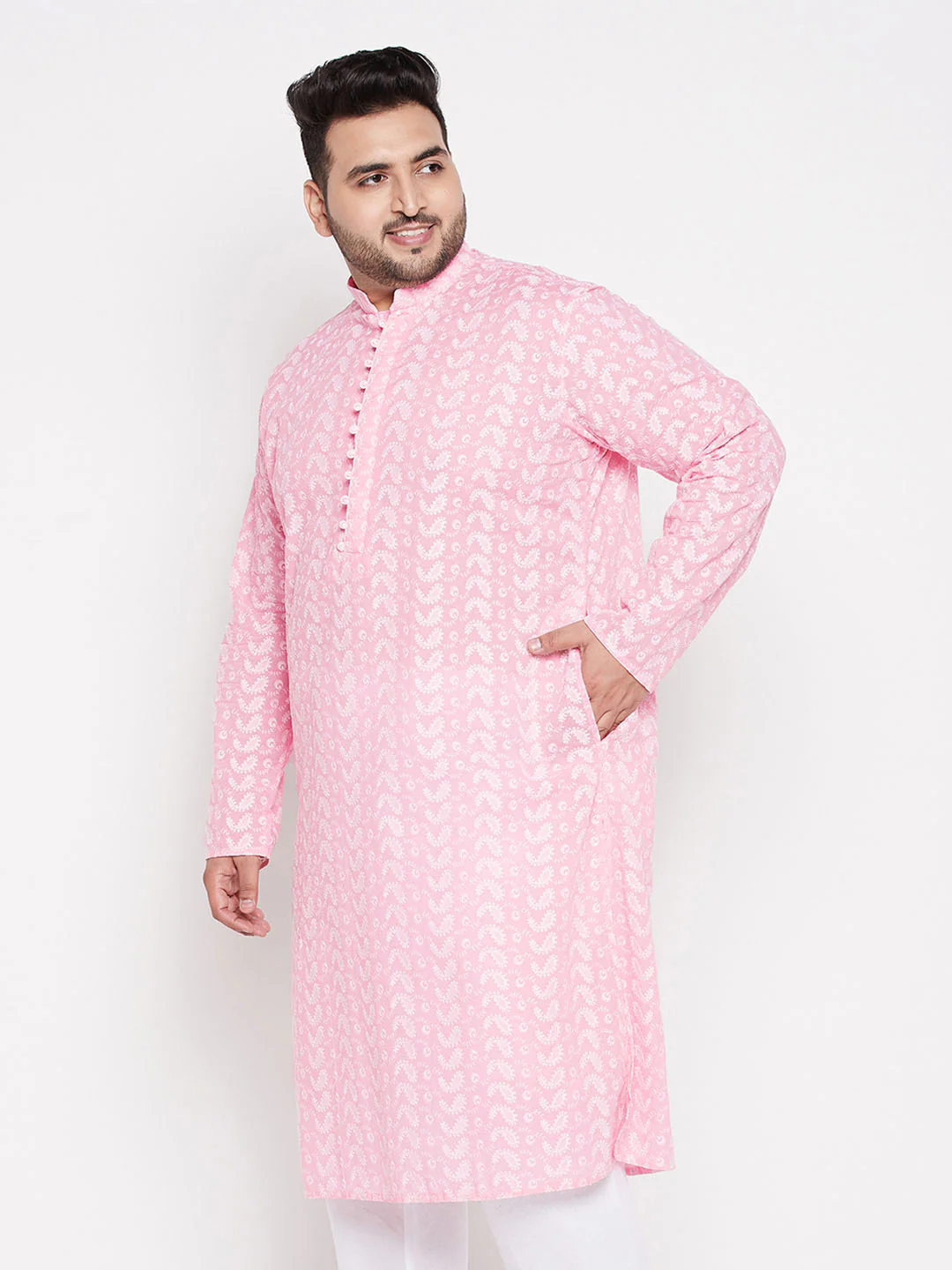 Men's Plus Size Pink Chikankari Embroidered Kurta - Image 2