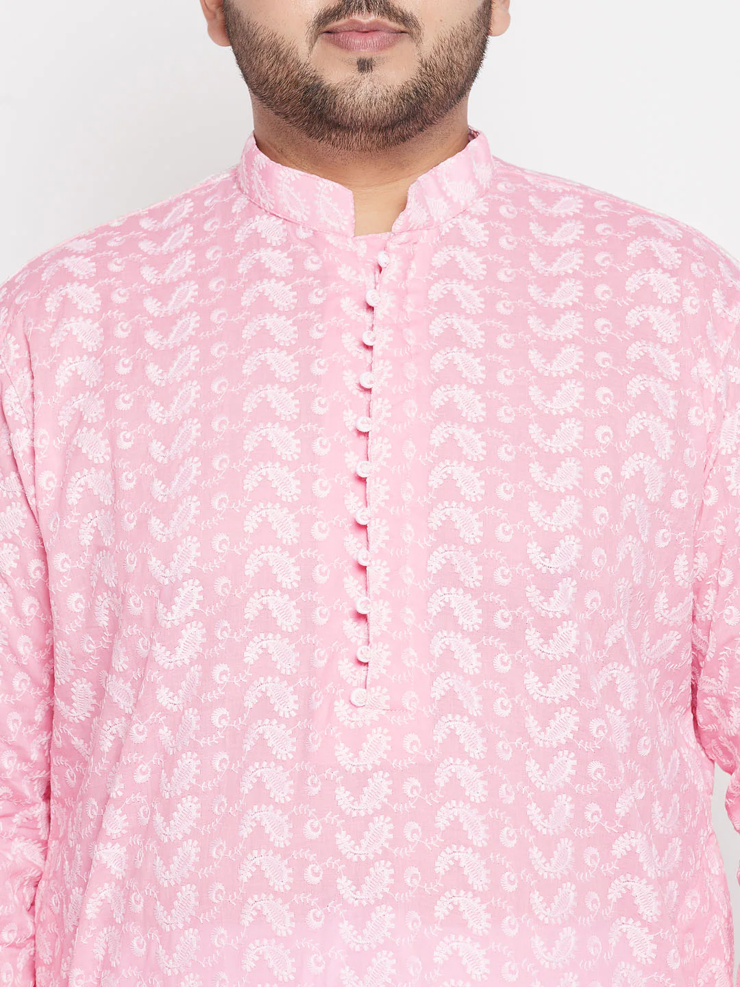 Men's Plus Size Pink Chikankari Embroidered Kurta - Image 4