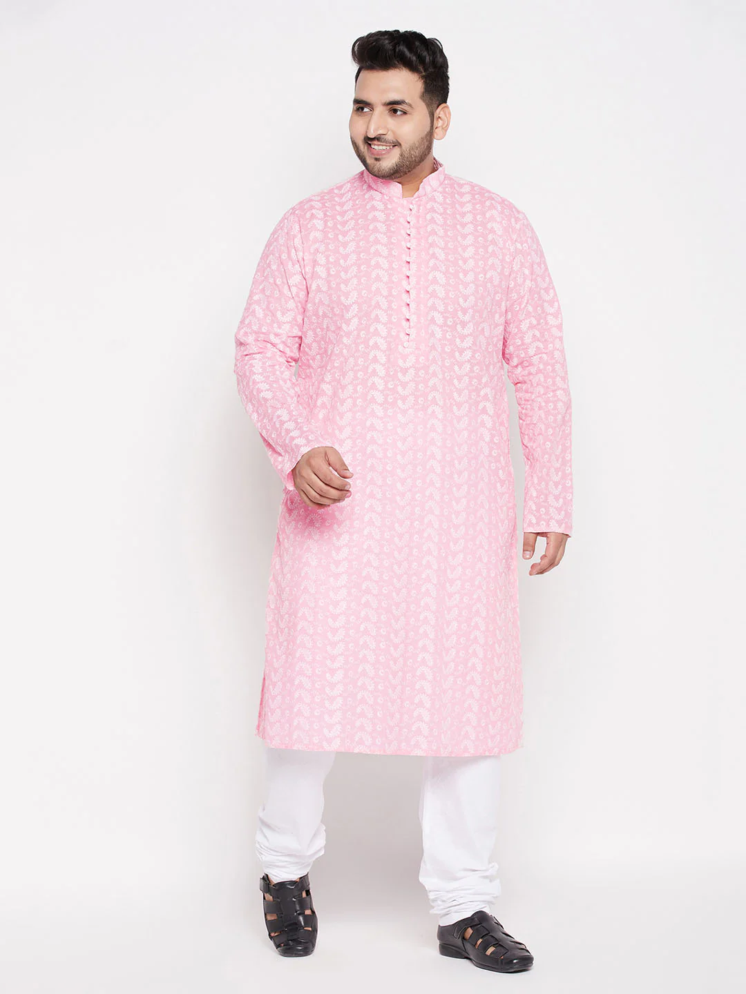 Men's Plus Size Pink Chikankari Embroidered Kurta - Image 5