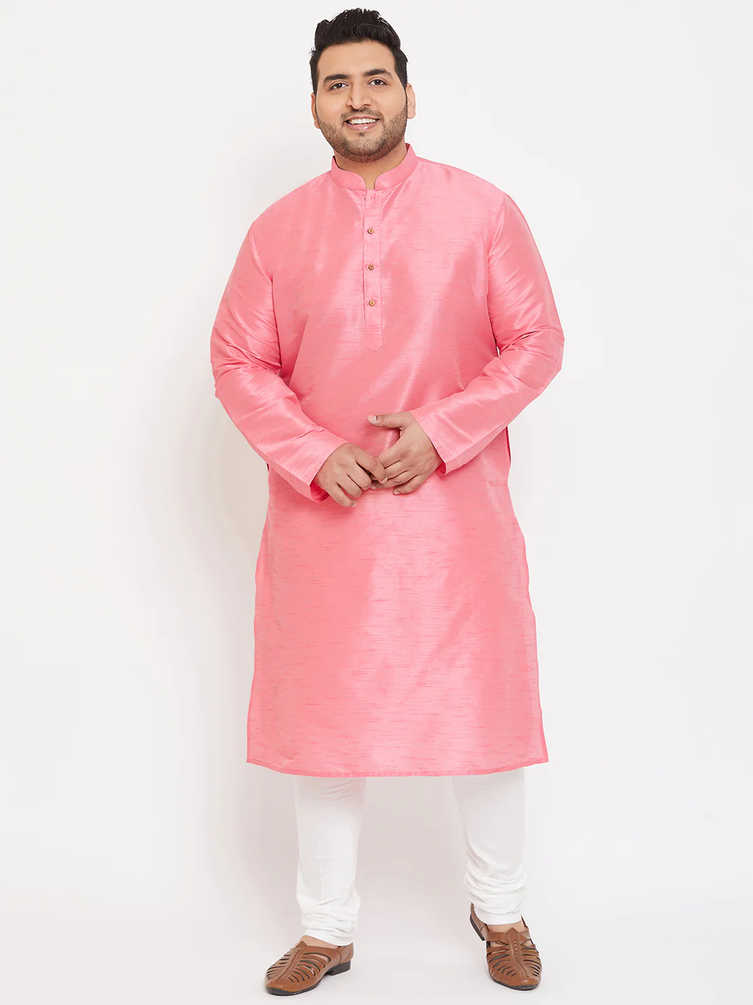 Men's Plus Size Pink Silk Blend Kurta - Image 5
