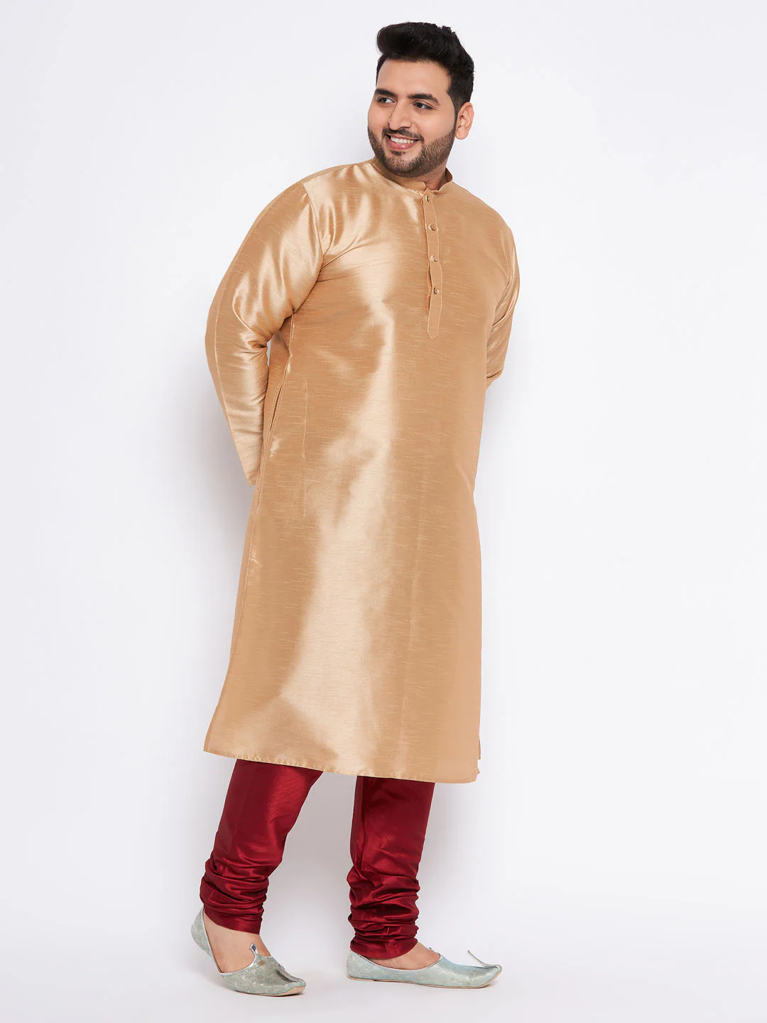 Men's Plus Size Rose Gold Silk Blend Kurta And Maroon Pyjama Set - Image 6