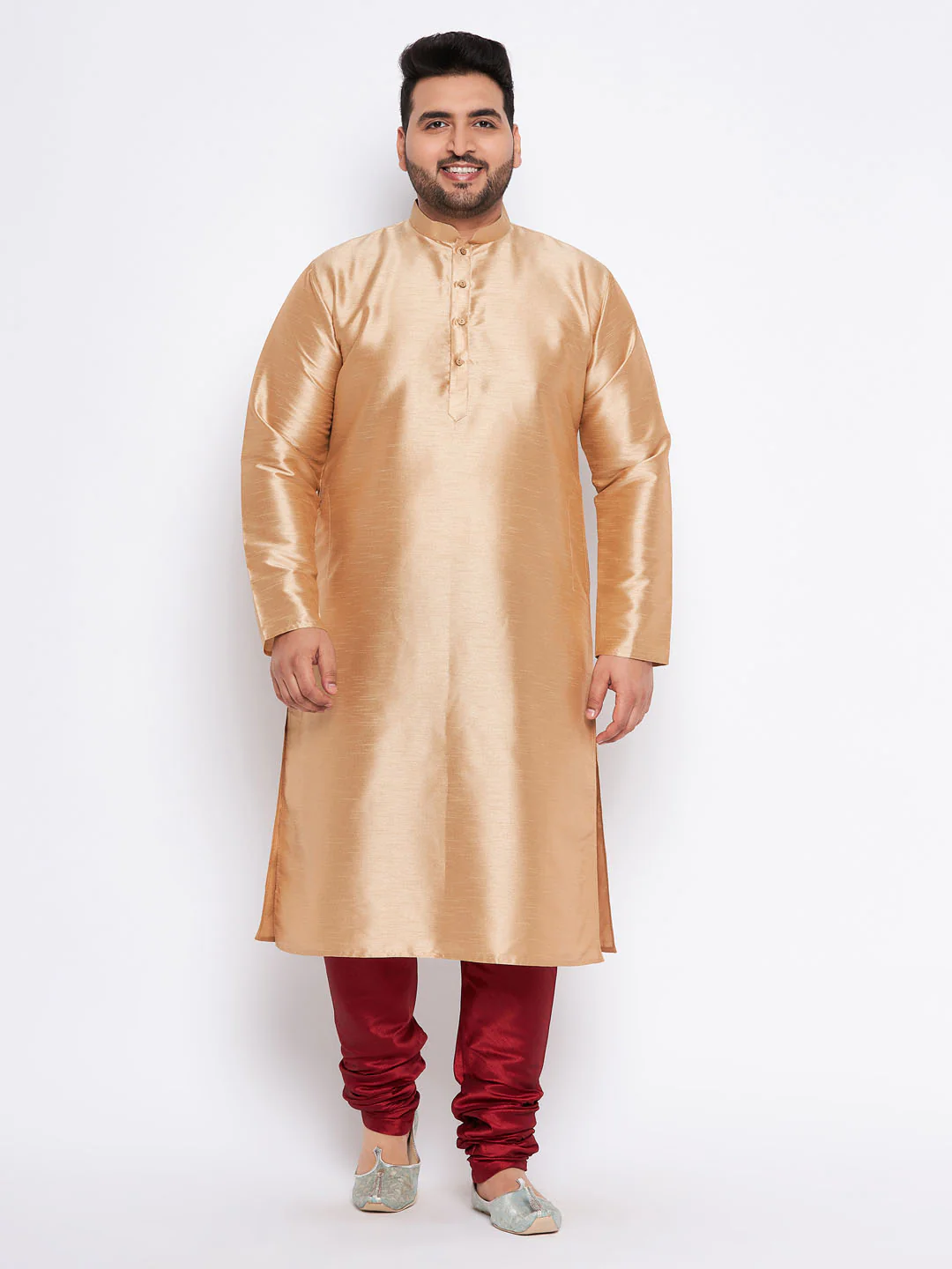 Men's Plus Size Rose Gold Silk Blend Kurta And Maroon Pyjama Set - Image 7
