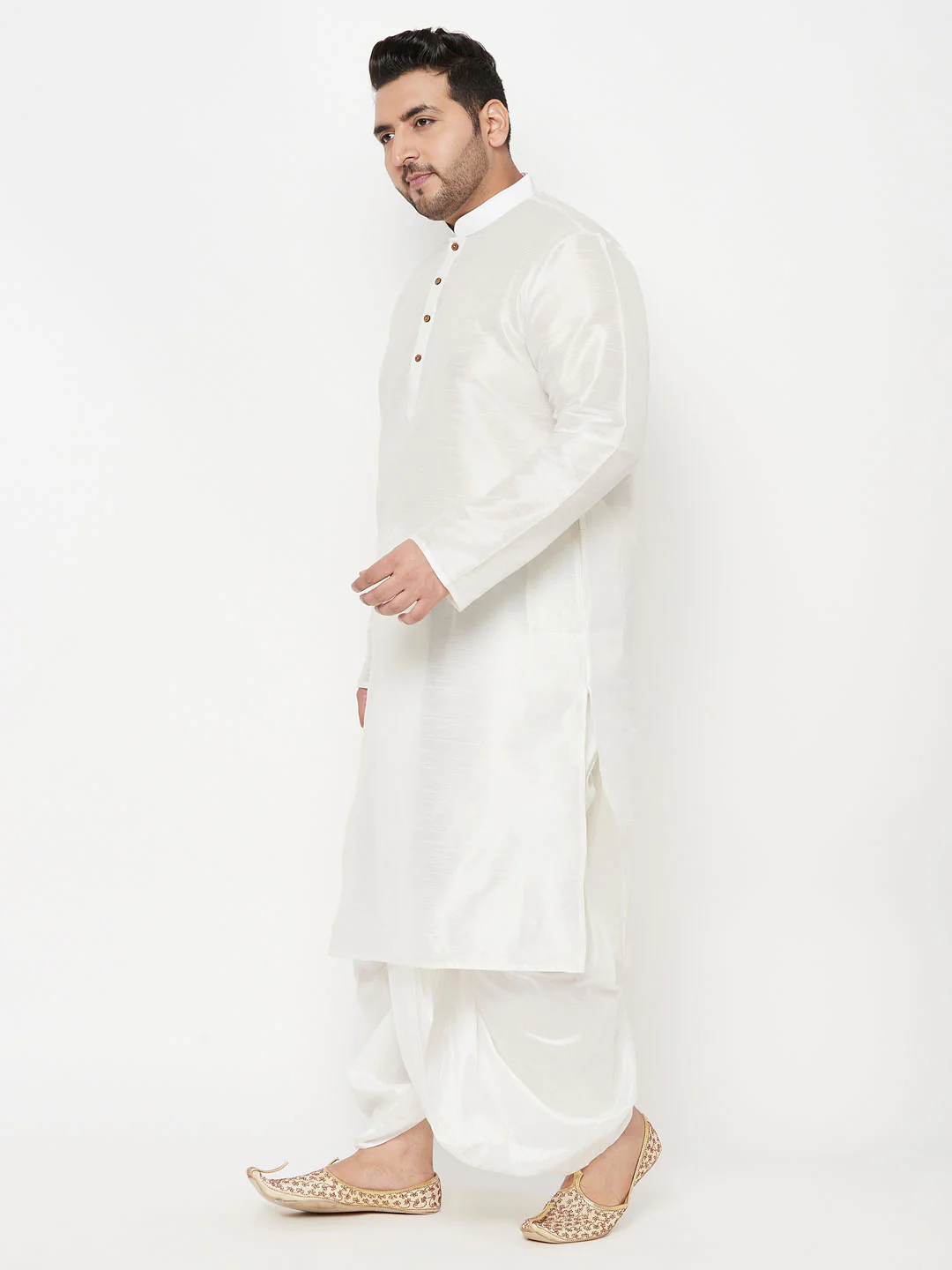 Men's Plus Size White Cotton Blend Kurta And White Dhoti Set - Image 2